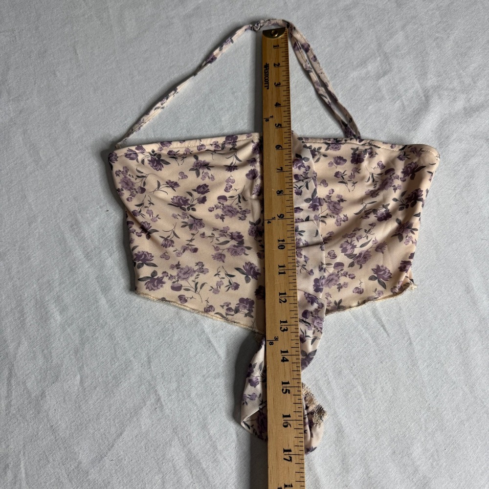 Dolls Kill New Pink Floral Halter Crop Top Cream Purple Ruffle Mesh Womens Small - Picture 3 of 8